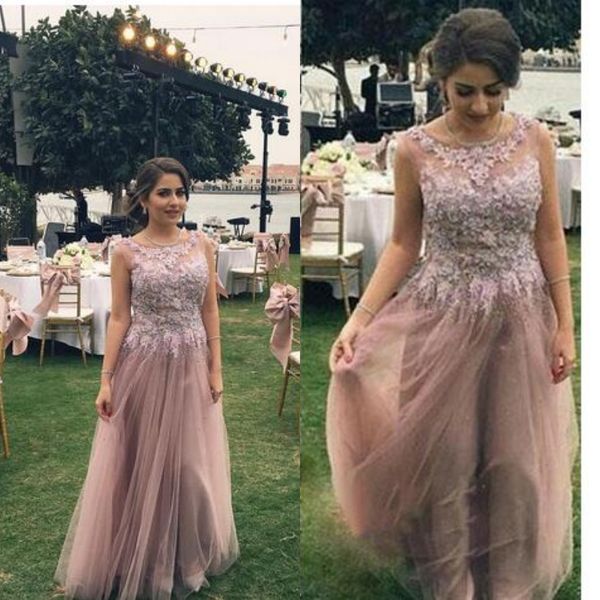 

rose pink lace prom dresses for country garden weddings sheer neck tulle fitted long evening gowns zipper full length engagement dress, Black