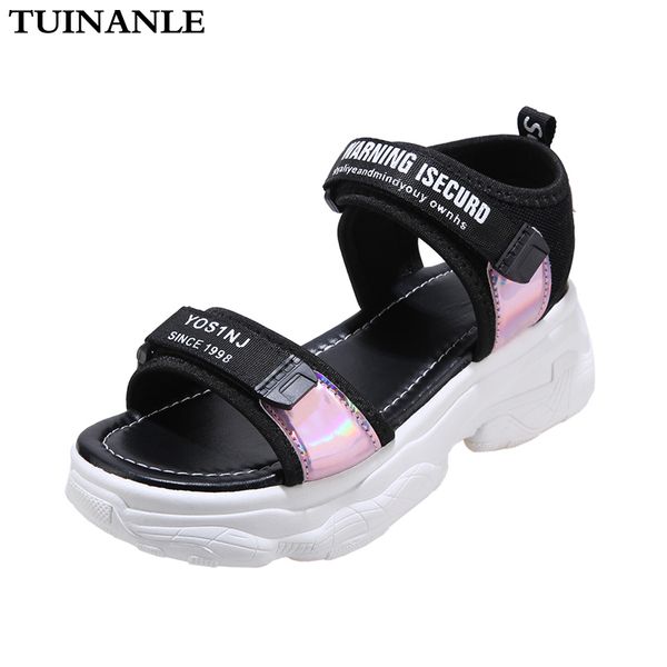

tuinanle summer sandals 2020 women casual hook & loop ladies sandal bling womens shoes open toe chunky flat with sandalias mujer t200605, Black
