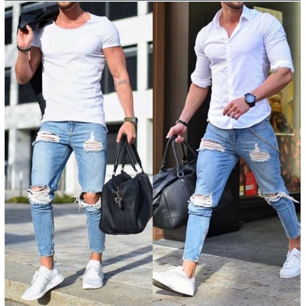 

2018 homens elegantes calcas jeans rasgado biker skinny slim reta calcas jeans desgastados novas moda skinny homens roupas, Blue