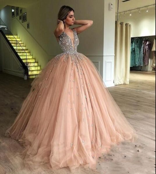 

Luxury Beads Ball Gown Prom Dresses 2019 Illusion V Neck Champagne Tulle Sequined Sweet Arabic Dubai Evening Dress Party Gowns
