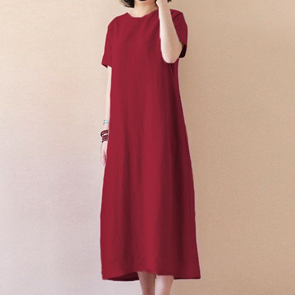 Women Short Sleeve Boho Cotton Linen Loose Long Maxi Dress Kaftan