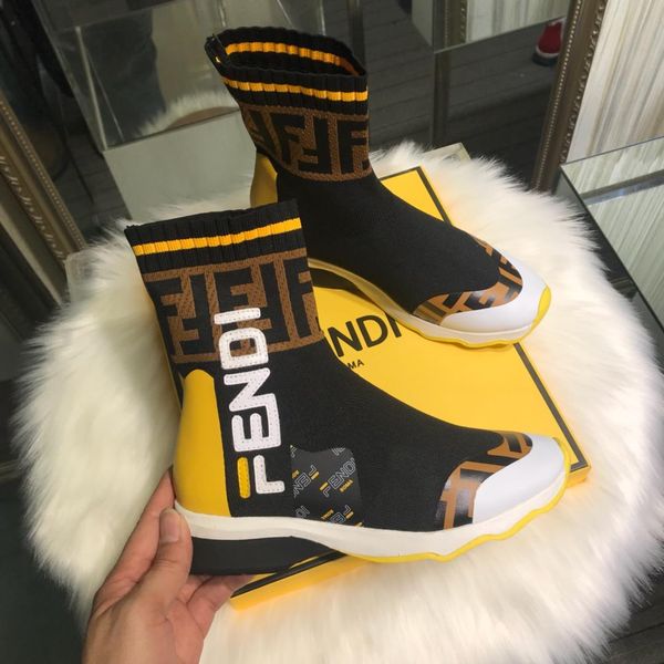 

luxurious designer fendi men's and women's socks shoes high to help casual shoes boots multicolor fabric boots, Black