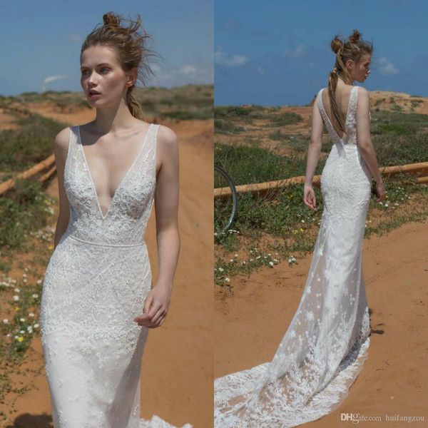

limor rosen 2019 mermaid wedding dresses lace v neck appliques sweep train boho bohemian wedding dress custom made backless bridal gowns, White