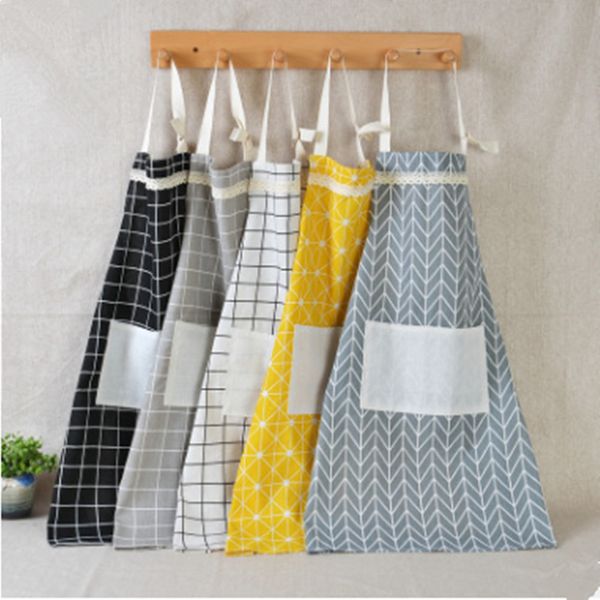

1pcs kitchen men women cotton linen home cooking sleeveless cute lattice double pocket cleaning craft apron bbb0045