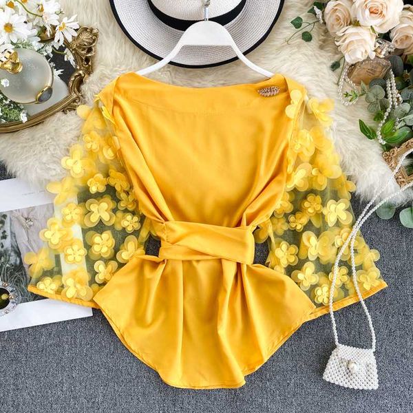 

ewq] 2020 summer new three-dimensional petal perspective mesh gauze sleeve sleeve womens and blouses sweet casual shirt, White