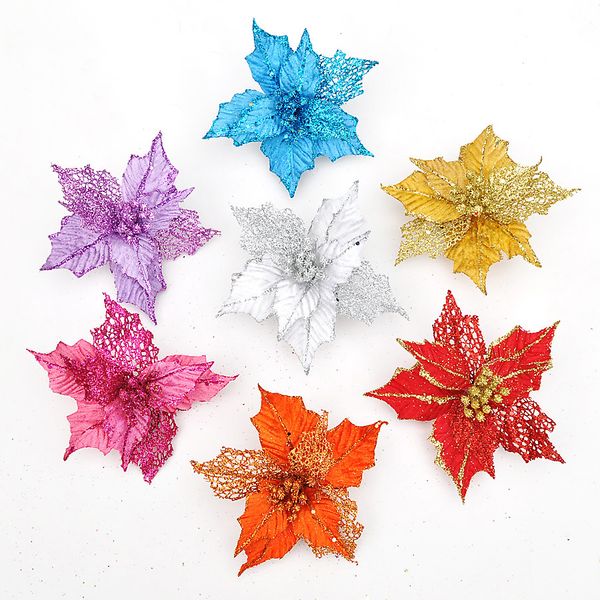 

10pcs diy cuttings artificial flower hollow glitter poinsettia home ornament festival christmas tree decor party supplies