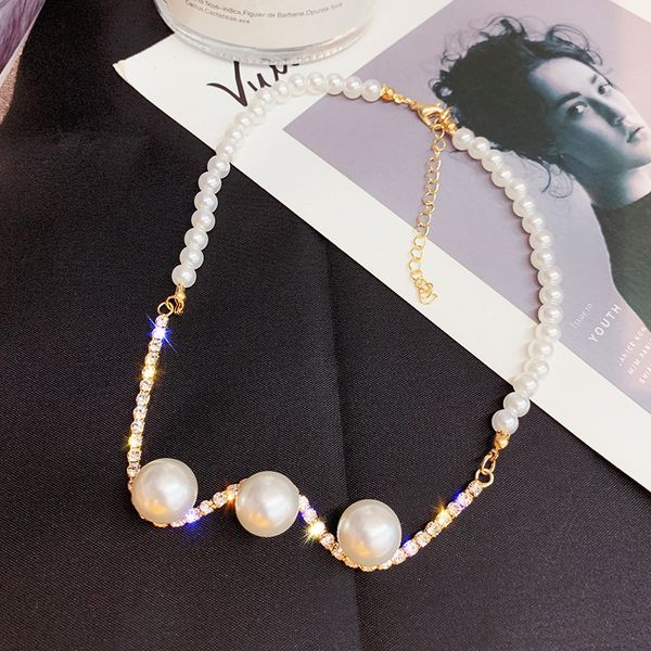 

drejew brand three pearl instagram fashion rhinestone cute choker crystal chain necklaces sets for women statement jewelry hn309, Golden;silver