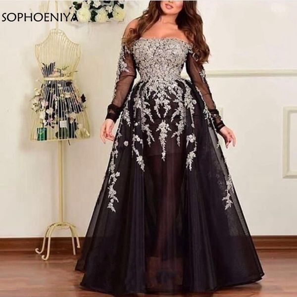 

new arrival black long sleeve evening dresses 2019 arabic evening dress party lace beading gown abiye gece elbisesi, White;black