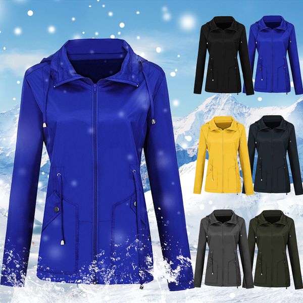 

women casual jackets plus size solid color windproof rainproof windbreaker hooded coat jackets autumn women zipper coat, Blue;black