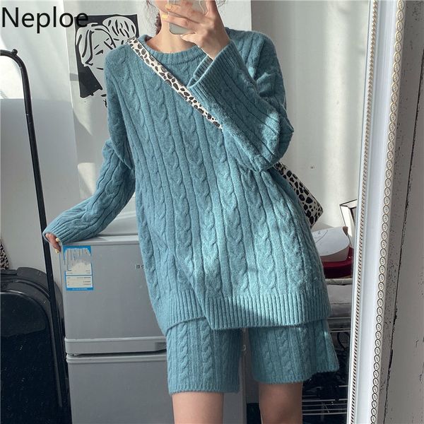 

neploe 2019 new pullover knitted sets korean medium-long sweater coat + high shorts korean twisted fashion solid 2pcs suit 56127, White;black