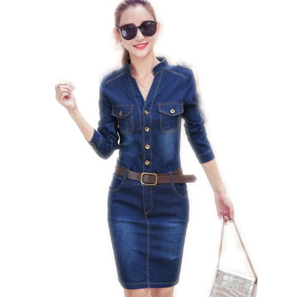 

2020fashion a-line style women casual denim dress vintage jeans dresses long sleeve blue new women spring mini v-neck dresscq927, Black;gray
