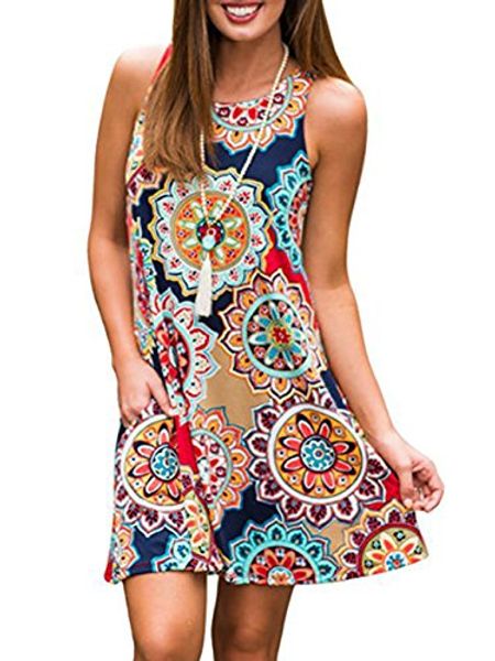 

famulily women's summer casual sleeveless fun print swing tshirt dress sundress with pockets, Black;gray