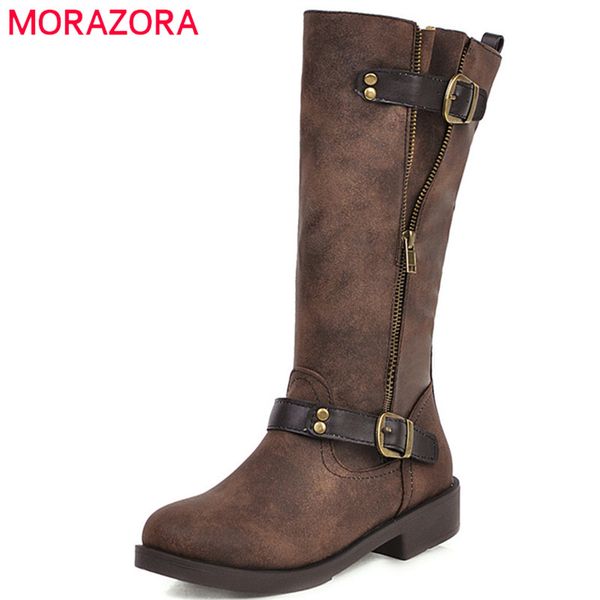 

morazora 2020 new arrival mid calf boots women buckle zip autumn winter motorcycle boots fashion vintage low heels shoes woman, Black