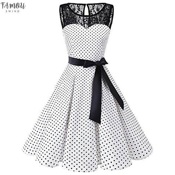 

sleeper #401 women sleeveless polka dot lace hepburn vintage swing high-waist pleated dress solid design drop shipping, Black;gray