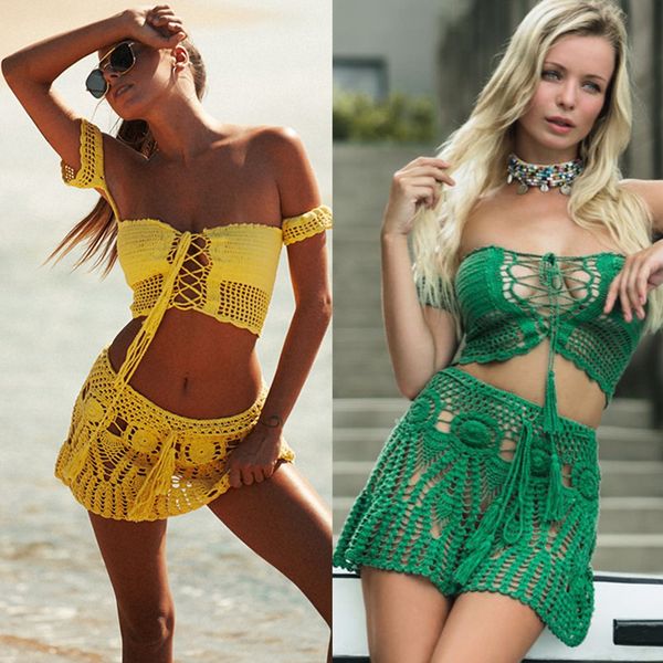 

hand crochet florens skirt women swimwear beach bikini cover up skirt boho style elastic waistband tassels