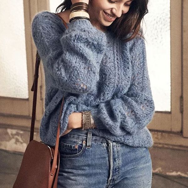 

2019 осень новый сплошной цвет шею полые свободные мохер свитер женщин, White;black