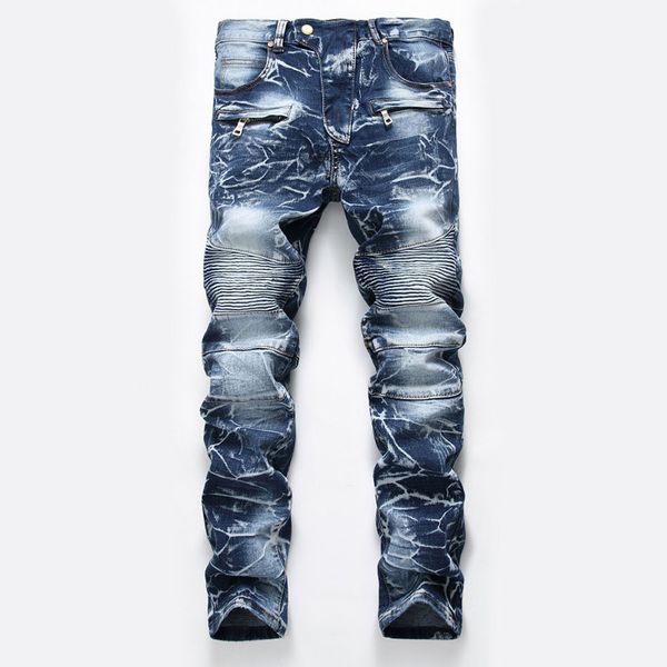 

new brand mens snow designer fashion slim skinny moto biker casual jeans straight motorcycle jeans men destroyed denim trousers, Blue