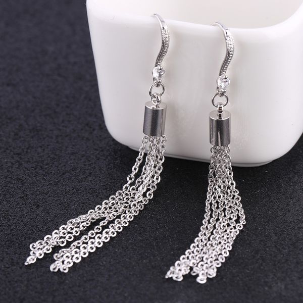 

reidgaller 2019 vintage long crystal zirconia stainless steel dangle drop tassel earrings for women fashion jewelry, Silver
