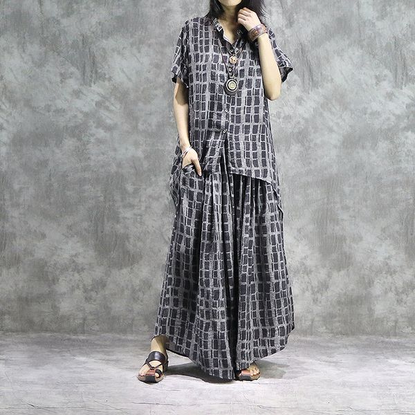 

women loose summer plaid long +elastic waist wide leg pants laides casual plus size plaid suits female retro sets 2019, White