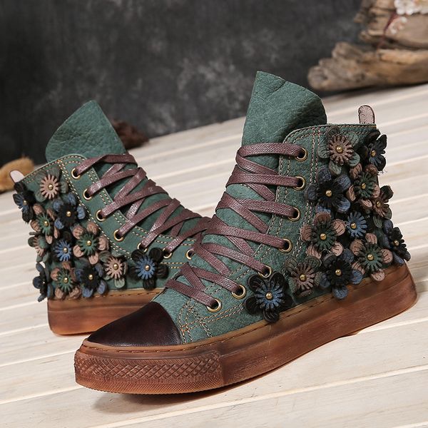 

spring 2020 new women vintage boots flowers genuine leather high ladies ankle boots shoes flat bottom short fashion, Black