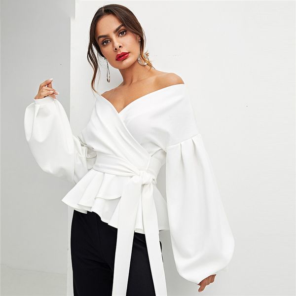 

blouse women womens clothing white office slash neck elegant surplice peplum off the shoulder solid blouse autumn women and blouses