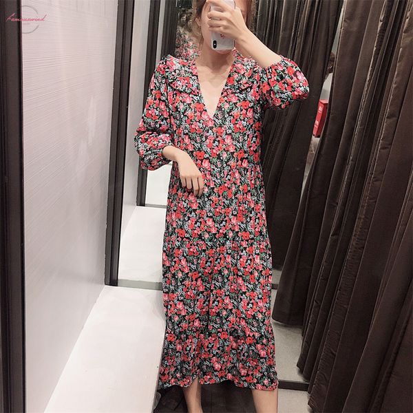 

bodycon dresses early autumn new style fashionable temperament v neck long sleeve flower print long dress drop shipping, Black;gray