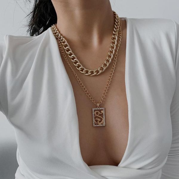 

vintage boho fashion multilevel thick chain square china dragon crystal pendant necklaces for women geometric necklace jewelry, Silver