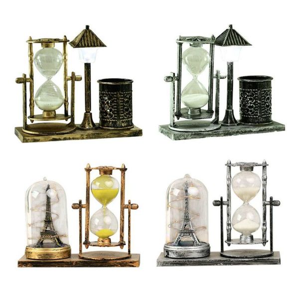 

new creative retro hourglass timer craft sand timer sand clock with flashing pen holder night lamp for table home decor gift