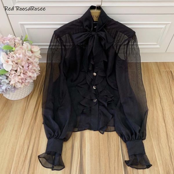 

red roosarosee runway summer designer elegant 2020 women stand collar ruffles long lantern sleeve black shirt lady blouse, White