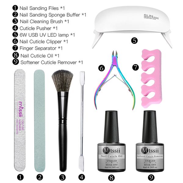 

9 pcs manicure set with uv led lamp 6w gel nail polish set tools with nail cuticle oil softener cuticle remover all for manicure