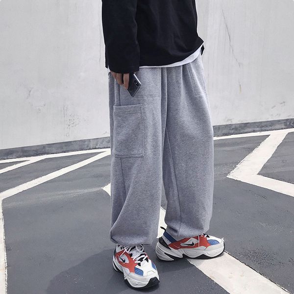 

men's pants men gray pockets 2021 casual sweatpants mens loose collage straight male streetwear trousers fashions, Black