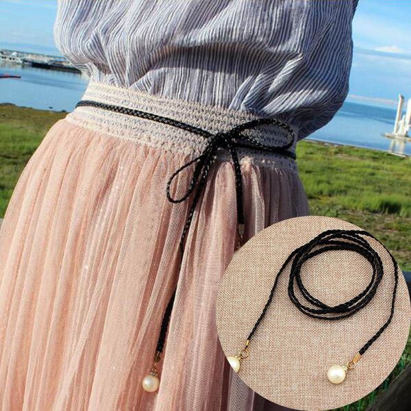 

pearl knited belt for women candy color rope braid belt female waist for dress ceinture femme, Black;brown