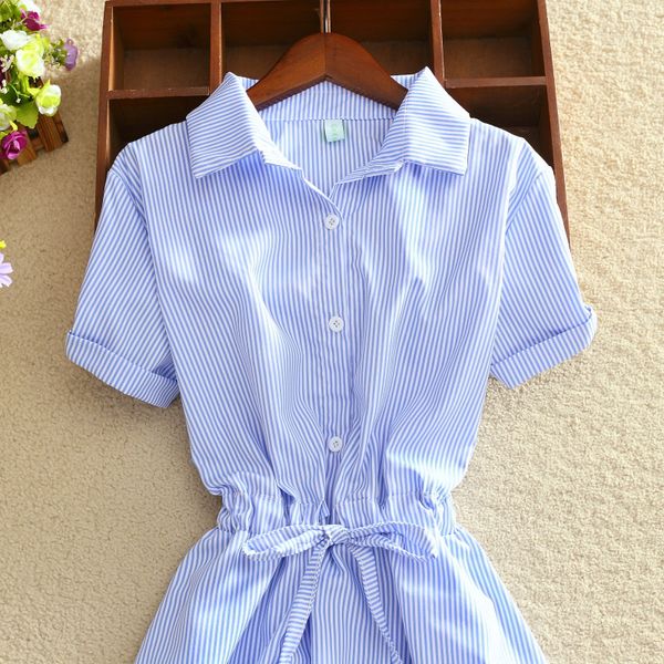 

2019 Elegant Office Summer Dress Shirt Elegant Blue Stripped Cotton Turn Down Collar Wear to Work Shirts Women Dresses #BD728