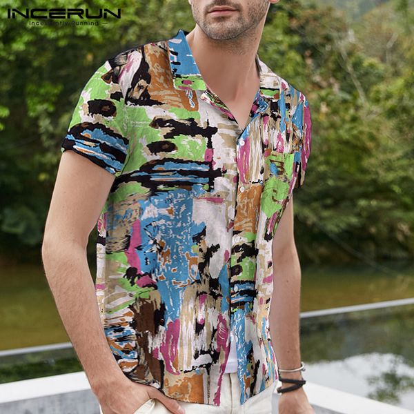 

incerun summer casual men graffiti printed short sleeve lapel shirt holiday stylish beach hawaiian street button mens blouse, White;black