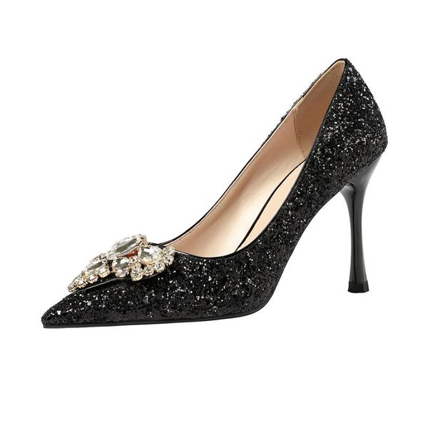 

new 9.5cm pumps 2020 pointed high heels rhinestone nightclub was thin sequins women's singles shoes banquet wedding shoes, Black