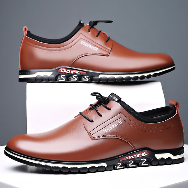 

brand men big size casual leather shoes 2019 new thick bottom slip-on shoes round toe lace up leather men oxford, Black