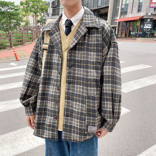 

autumn woolen jacket men's fashion retro casual cotton plaid jacket man streetwear wild loose woolen coat male clothes m-2xl, Black;brown