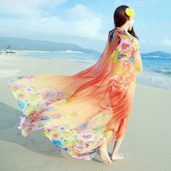 

women elegant floral silky chiffon big shawl scarf beach cover up dress sarong