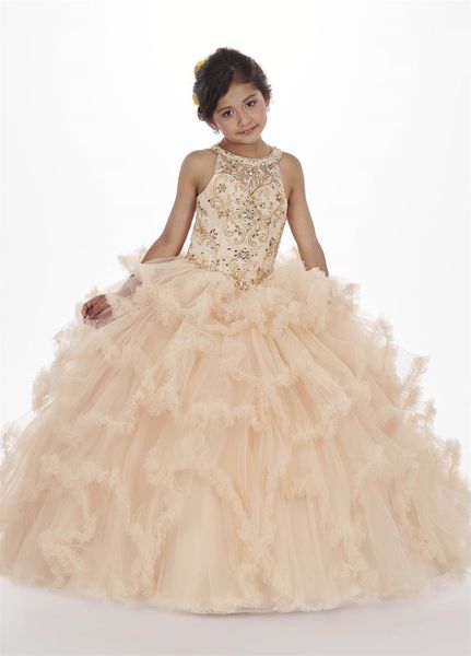 

champagne girls pageant dresses floor length tulle ball gown with sheer halter neckline beaded lace-up ruffled skirt puffy flower girl dress, White;red