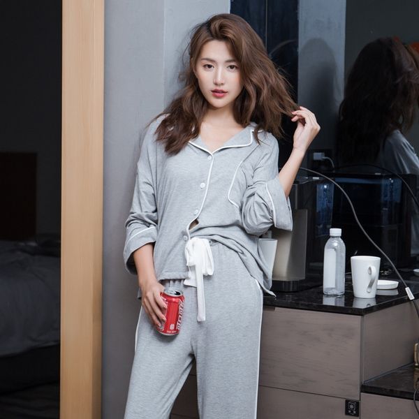 

nnill modal thin women's long-sleeved autumn home clothes open button and trousers pajamas trousers pajamas suit loose simple and atmos, Blue;red