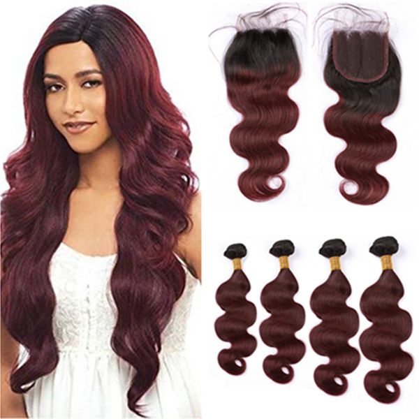 2019 1b 99j Ombre Brazilian Human Hair 4bundles With Closure Wine
