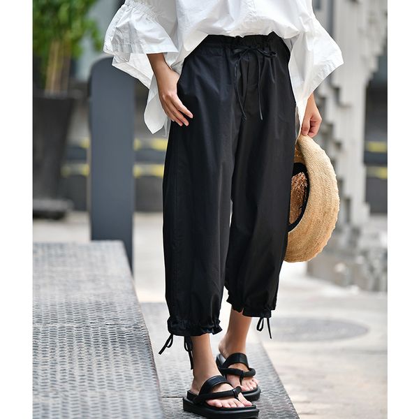 

k1808 artistic versatile drawstring pure cotton black wide leg straight leg wide nine minutes casual pants woman, Black;white
