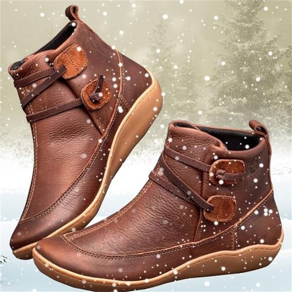 

women pu leather ankle boots winter snow boots autumn flat shoes ladies shoes short plush cross strap vintage punk mujer botas, Black