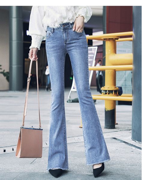 

light blue big bell bottoms since waist fishtail wide-legged spring flowers with narrow trousers ulzzang bootleg jeans are female
