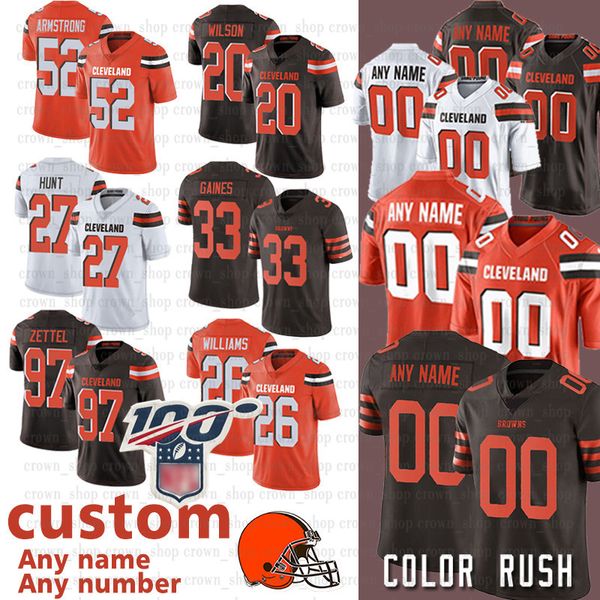

cleveland 32 jim brown custom 21 denzel ward brown jersey 51 mack wilson 7 jamie gillan 88 demetrius harris stanton myles garrett, Black;red