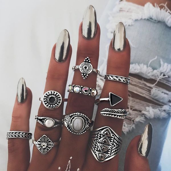 S339 Bohemian Fashion Jewelry Ancient Silver Gold Knuckle Ring Set Arrow Hollow Out Stacking Rings Midi Rings Set 10pcs/set