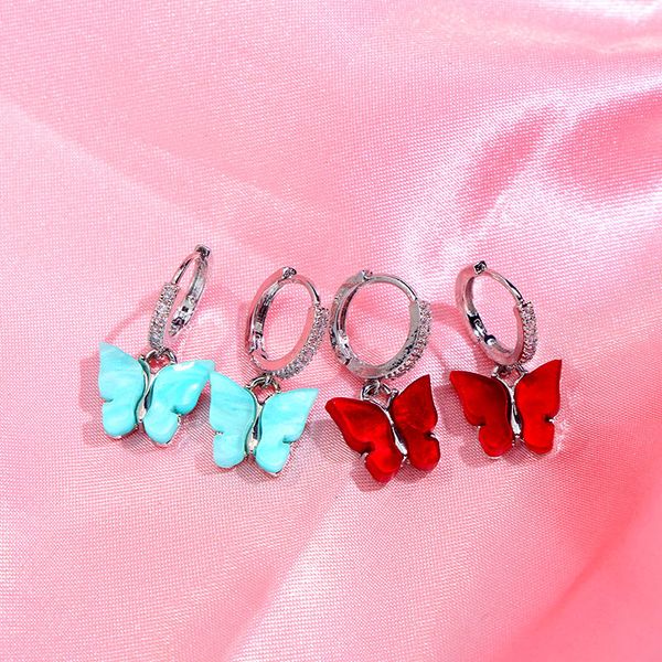 

just feel 2pair/set multicolor cz butterfly drop earrings girls silver color resin cute insect dangle earrings sets jewelry gift