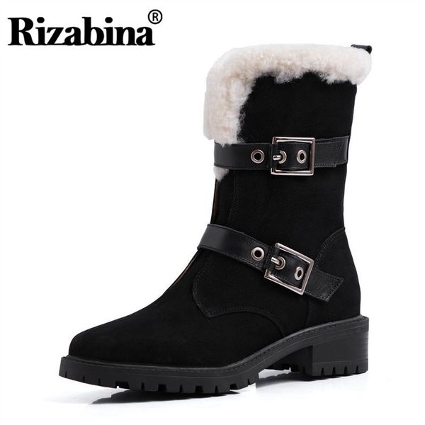

rizabina genuine leather round toe low heel platform boots buckle winter snow warm punk style ankle boots black size 34-39