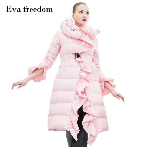 

2018 european high-end fashion quality lady down jackets release temperament ruffles long loose down coat women ef1838, Black