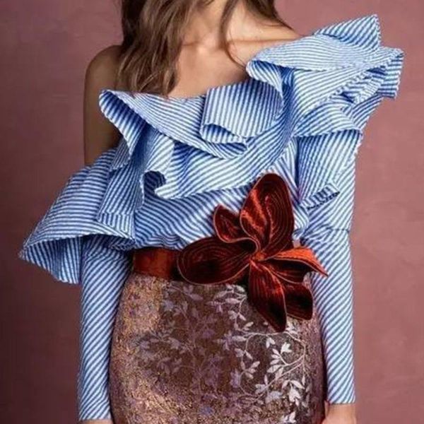 

meihuida 2020 women elegant blouse summer autumn ruffles one shoulder long sleeve striped trendy shirt plus size s-xxl, White